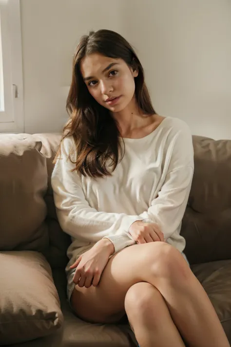 1girl,sitting on a cozy couch,crossing legs,soft light