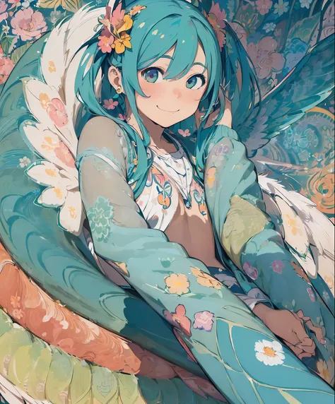 (masterpiece、highest quality、highest quality、official art、beautiful beautiful:1.2)、(1 girl:1.3)Hatsune Miku、twin tails、adorable smile、very detailed、(fractal art:1.1)、(Colorful:1.1)(Floral:1.3)、most detailed、(zentangle:1.2)、(dynamic pose)、(abstract backgrou...