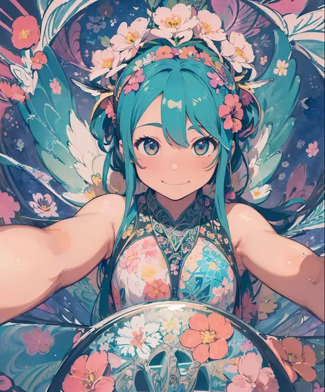 (masterpiece、highest quality、highest quality、official art、beautiful beautiful:1.2)、(1 girl:1.3)Hatsune Miku、twin tails、adorable smile、very detailed、(fractal art:1.1)、(Colorful:1.1)(Floral:1.3)、most detailed、(zentangle:1.2)、(dynamic pose)、(abstract backgrou...