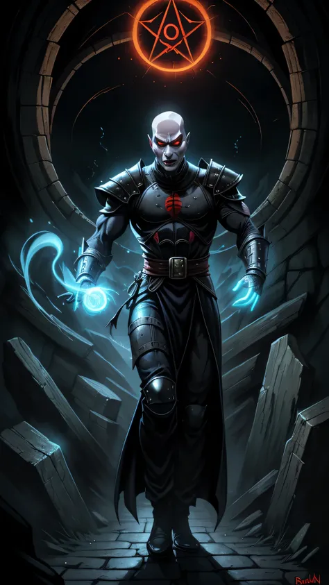 ((Mads Mikkelsen)) as ((Quan Chi)) from Mortal Kombat, solo, sorcerer and necromancer, bald head, pale skin, glowing red eyes, wears dark necromancer armor adorned with occult symbols, dark magic, highly detailed face, full body view, highly detailed face,...