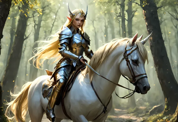 a illustration of a beautiful female elf knight riding a unicorn in the forest, female elf knight, extremely beautiful female el...