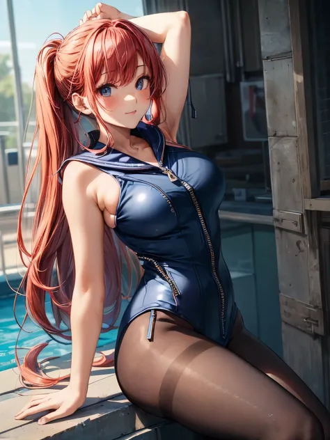 highest quality、All limbs、full finger、one beautiful woman、((Woman with red hair:1.3))、long hair、ponytail、big breasted woman、(((Navy blue sailor suit style school swimsuit with zipper:1.4)))、red tie、((sleeveless school swimsuit))、bare hands、(((brown pantyho...