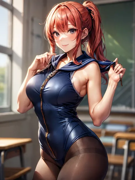 highest quality、All limbs、full finger、one beautiful woman、((Woman with red hair:1.3))、long hair、ponytail、big breasted woman、(((Navy blue sailor suit style school swimsuit with zipper:1.4)))、red tie、((sleeveless school swimsuit))、bare hands、(((brown pantyho...