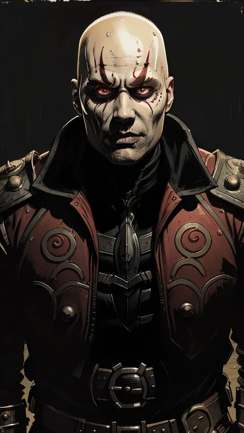 ((Mads Mikkelsen)) as ((Quan Chi)) from Mortal Kombat, solo, sorcerer and necromancer, bald head, pale skin, glowing red eyes, wears dark necromancer armor adorned with occult symbols, dark magic, highly detailed face, full body view, highly detailed face,...