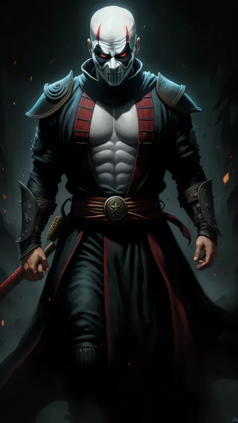 ((Mads Mikkelsen)) as ((Quan Chi)) from Mortal Kombat, solo, sorcerer and necromancer, bald head, pale skin, glowing red eyes, wears dark necromancer armor adorned with occult symbols, dark magic, highly detailed face, full body view, highly detailed face,...