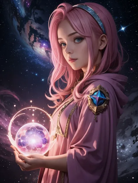 1girl, star mage, pink hair maria chiquinha, cosmic comets,