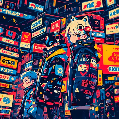 Un enfant avec un masque marche dans les rues de Tokyo. The city is inspired by Cyberpunk. Les letters japonaises et les neons de la ville. L&#39;enfant porte un manteau et un masque. style : mangas, Cyberpunk. Le soleil se couche, coucher de soleil. nuit....