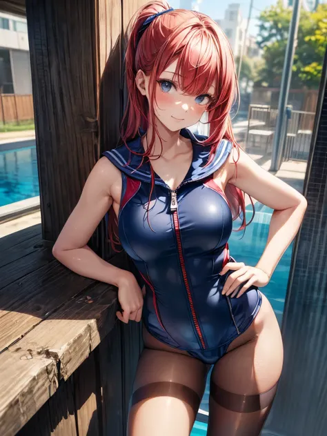 highest quality、All limbs、full finger、one beautiful woman、((Woman with red hair:1.3))、long hair、ponytail、big breasted woman、(((Navy blue sailor suit style school swimsuit with zipper:1.4)))、red tie、((sleeveless school swimsuit))、bare hands、(((brown pantyho...