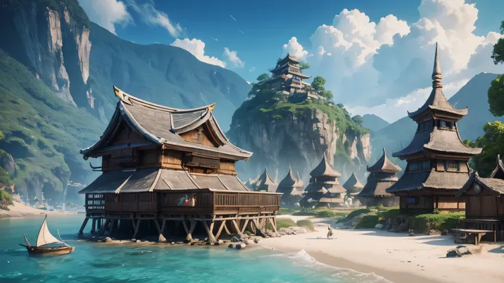 A fantasy inspired painting of a shore village in kawacy style, rendered in cinema4d, bulbous, accurate nautical details, creative character design, whimsical cartoon style, 32k uhd --ar 2:1