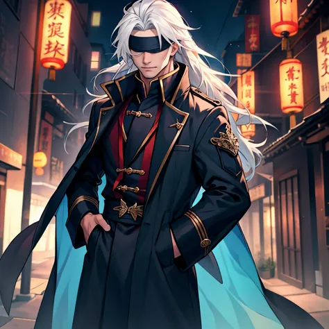 A man，Handsome，Long White Hair,  nightcity，Sateen，Blindfold,  Wizard Millitary Chinese coat，Put your hands in your pockets