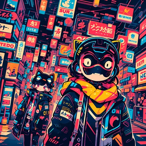 Un enfant avec un masque marche dans les rues de Tokyo. The city is inspired by Cyberpunk. Les letters japonaises et les neons de la ville. L&#39;enfant porte un manteau et un masque. style : mangas, Cyberpunk. Le soleil se couche, coucher de soleil. nuit....