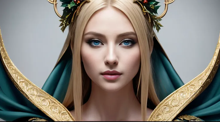 a beautiful empress portrait, blonde hair, perfect blue eyes, with a brilliant, impossible striking big Christmas headpiece, clothes Santa robes, everything Christmas, snow, symmetrical, dramatic studio lighting, rococo, baroque, greens, asian, hyperrealis...