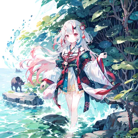 ((4K,masterpiece,best quality)), shuimobysim, Chinese traditional ink painting, lotus,  hanfu, maxis kit, Dress conservatively,
 Kiri Ayame,1 girl, alone, long blue hair, Smile, permanent, Feet in the water, barefoot,