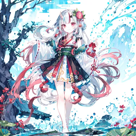 ((4K,masterpiece,best quality)), shuimobysim, Chinese traditional ink painting, lotus,  hanfu, maxis kit, Dress conservatively,
 Kiri Ayame,1 girl, alone, long blue hair, Smile, permanent, Feet in the water, barefoot,