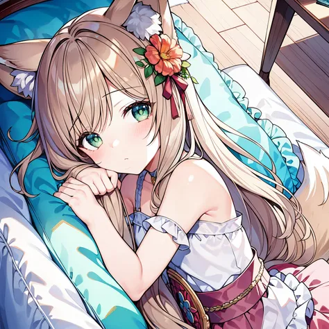 (masterpiece, best quality, high resolution), 1 girl, alone,  (Big soft fox tail)，A pair of fox ears，Green-eyed，(long brown hair)，small flower headdress, (9 years old_cute loli)，small ，moro liberation front，On the sofa at home𥚃，The body sleeps in a curled ...