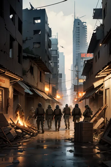 Amidst the ruins of a war-torn city, a determined group of resistance fighters huddled around a makeshift campfire. The gritty urban warzone was filled with the sounds of explosions and gunfire in the distance. Demolished buildings loomed overhead, their o...