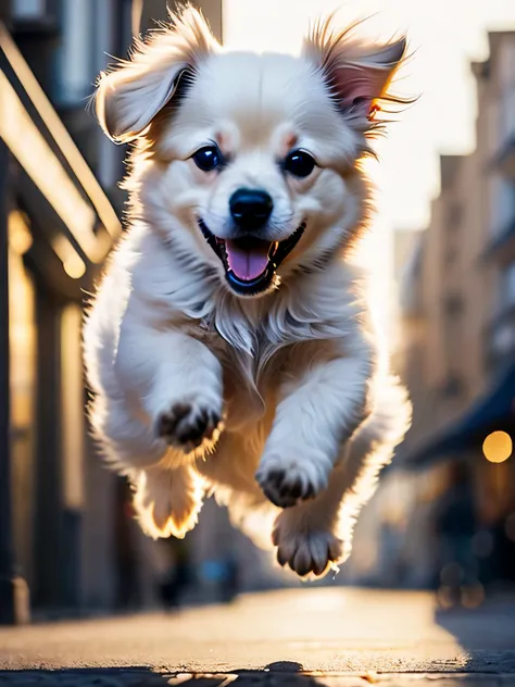 close-up photo of a very cute jumping puppy on the street, white, soft volume light, (backlight: 1.3), (movie: 1.2), intricate d...