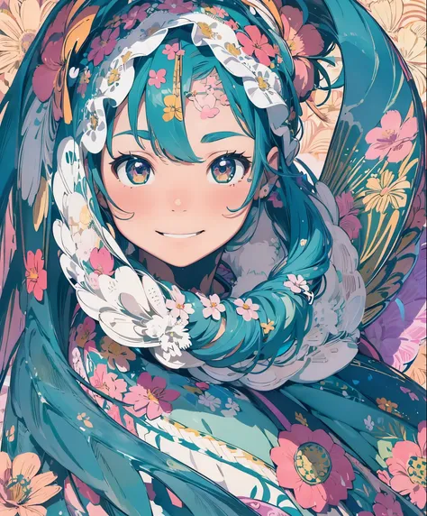 (masterpiece、highest quality、highest quality、official art、beautiful beautiful:1.2)、(1 girl:1.3)Hatsune Miku、beautiful breasts、twin tails、adorable smile、very detailed、(fractal art:1.1)、(Colorful:1.1)(Floral:1.3)、most detailed、(zentangle:1.2)、(dynamic pose)、...