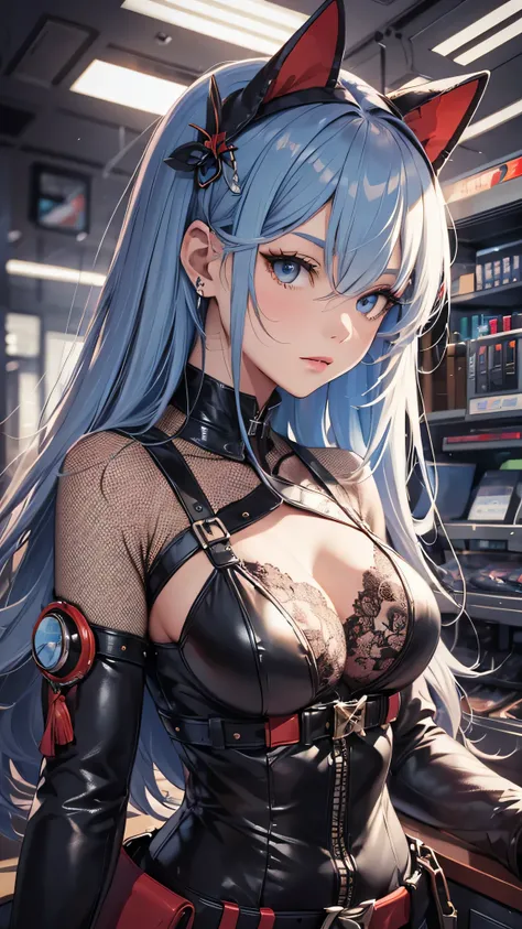 最high quality、best image quality、masterpiece、teenage girl((18-year-old、 By becoming、vest bust、medium bust,wide open breast tea、black eye, light blue hair、Red mesh、long hair、thin,highest valley、red mechanical body、Power cable)),high quality、beautiful art、ba...