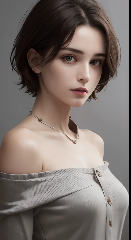 Skin Tight Top:1.2、look at the audience、cinematic lighting、perfection、soft light、High resolution skin:1.2、realistic skin texture、30 year old mature woman、small face、no makeup、off shoulder、Bust B Cup、、Detailed beautiful eyes、short hair、dark brown hair、Colla...