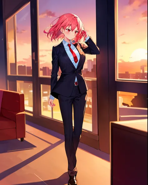 A girl with a disability, full body picture，pink hair, medium hair, red eyes, serious， breast, black suit, formal suit, red tie, office, window, Sunset, sleeves are empty，The trouser legs are empty，Blowing in the wind，cowboy shooting