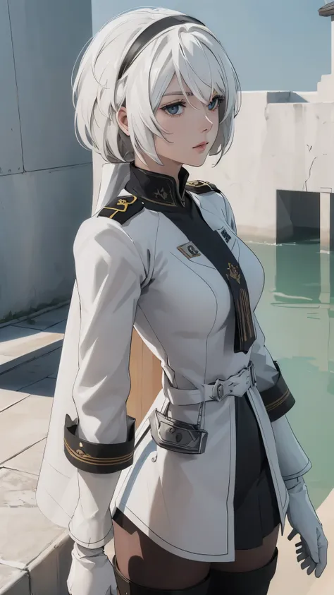 (extremely detailed CG unity 8k wallpaper), (masterpiece), (best quality), (ultra-detailed), (best illustration), (best shadow), (absurdres), 2b, 1girl, long hair, normal size , white hair, Intimidating women, admiral uniform, night, hero pose, white cloth...