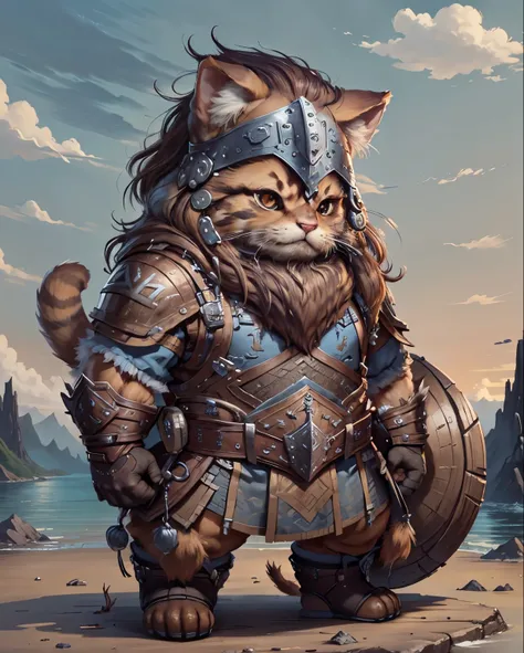 c4tt4stic, brown hair cat wearing blue ancient viking clothing. standing, full body shot, 150cm height, stunning style. background nordic mountains. 