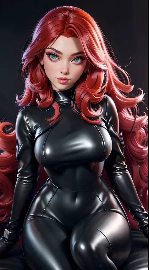 Ultra Macro Photography, fantasy girl, ((Black Widow)), huge breasts, kissing lips, latex outfit, shiny/glossy latex, bodysuit outfit, hyper holographic black latex, long hair, long bangs, NSFW, hentai, perfect makeup, realistic face, (detailed eyes), ligh...