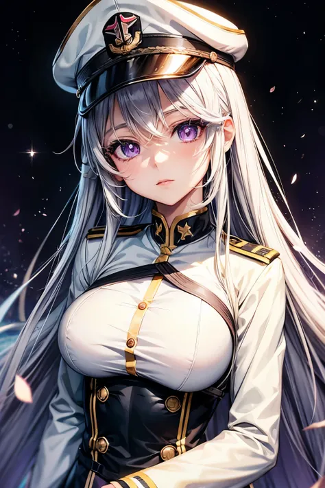 anime girl military uniform and hat, best quality, high resolution, very fine texture, cute and beautiful facial details, long white hair, bright purple big eyes, eye liner, double eyelids, big breasts.