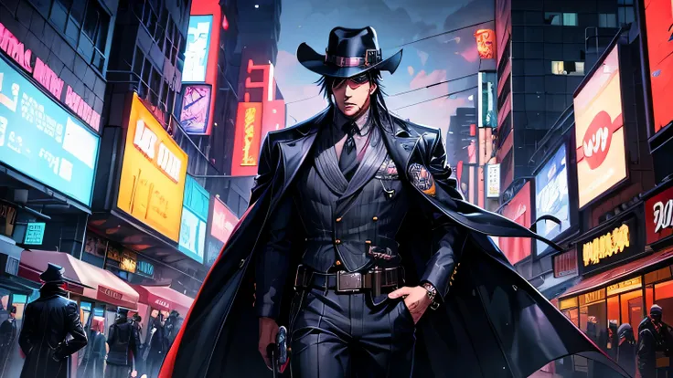 Cartoon man wearing hat and coat walking on city street, noir detective and a fedora, defeated technology. neo-noir style, Official character illustrations, Jesse McCray, cyberpunk wild west, Anime handsome guy avatar, Stylized urban fantasy artwork, Defea...