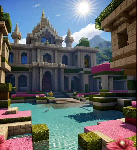 estilo minecraft game, The palace of the underwater world is built on the mountain, and a huge stone lion guards in front of the palace, showing the majesty of the king. The interior layout of the palace is exquisite, and the dragon pillars are carved with...