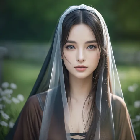 Sakimichan style, Japan、 portrait, detailed face, Beautiful woman, plump lips, Opaque veil, Medieval veil, Headrails, 12th century, Eyes with heterochromia, iridescent eyes, medieval clothing, Briaux, Lord of the Rings Gown, near perfect, beautiful anime s...