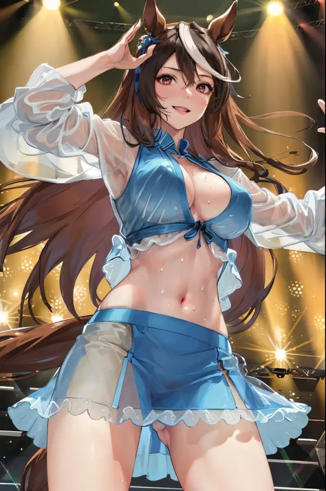 sexy dance show,sexy pose,symboli rudolf (umamusume),good anatomy, masterpiece, best quality,realistic, hyperrealistic, 16k hdr,happy Smile,(Live Stage),(see through costume:1.2),Stage costumes,Horse tail,sing a song,ultra miniskirt,navel,micro panties,cle...