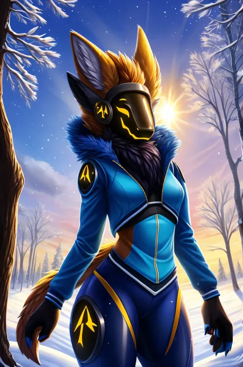 perfect lighting, light particles, (Best quality), (masterpiece), (ultra detailed), Sharp Focus, light particles, protogen, female, yellow fur, trees, leaned against a tree, sky, Sun, snow, red scarf, blue jacket, blue pants