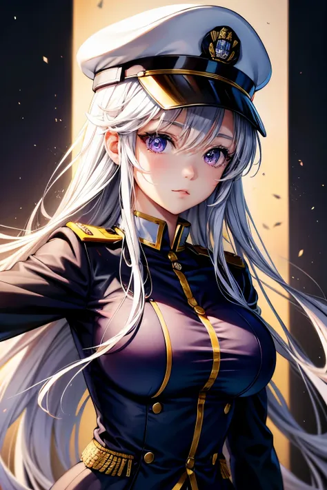 anime girl military uniform and hat, best quality, high resolution, very fine texture, cute and beautiful facial details, long w...