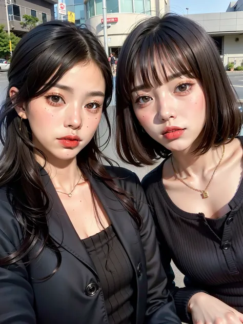 two women con negro hair and red lipstick posing for a picture, ulzzang, con negro, ambos tienen labios rojos, ella tiene el pelo negro con flequillo, maquillaje popular de corea del sur, foto de perfil, 8k)), maquillaje coreano popular, yoshitomo nara y a...