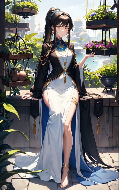 hanging garden背景,greenhouse,Chocolate brown high ponytail long hair,Kneeling close-up,dream world,Babylon Queen,Chocolate high ponytail,Messy hair,golden eyes,civilization,hanging garden背景,(floating island,hanging garden：2.0),A wide range of jewelry,(Preci...