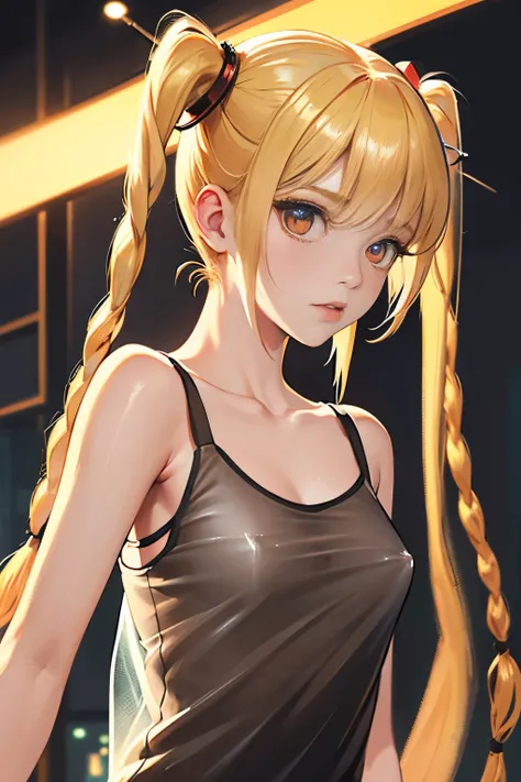 optimal，master piece，High resolution，best quality，hyper hd，super detail，award-winning，16K，solo，（Upper body），correct anatomy，Beautiful Cyberpunk Girl，cowboy shot、cute face，，blonde、long hair、twin tails、Braid, hair line，（（scarlet eyes）），long eyelashes，danglin...