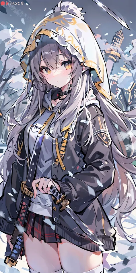 long hair、cute、white stockings、Heart-shaped pupils、solo、gray hair、winter、snow、outdoor、(((golden eyes)))、Ahoge、(((Black hoodie)))、head covering、With weapons、(((((battle)))))、 cold look、 Filmography、 ((((((knife))))))、 village、((((Show the whole body))))、
