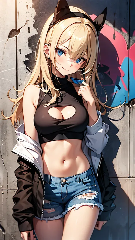 最high quality、best image quality、masterpiece、teenage girl((18-year-old、 By becoming、vest bust、medium bust,wide open breast tea、black eye, blonde hair、Habitual hair、long hair、thin,highest valley、navel black tank top、blue shorts、Holding a spray can、smug face...