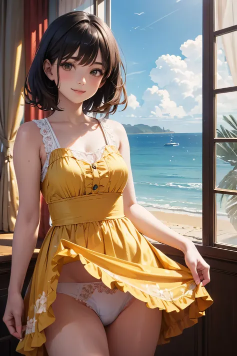 very cute and beautiful girl standing near window,(floral yellow summer dress with detailed frills),sleeveless,detailed lace,(skirt lift,white panties), (highly detailed beautiful face),antique hotel bedroom with outside view,distant trees and ocean, cowbo...