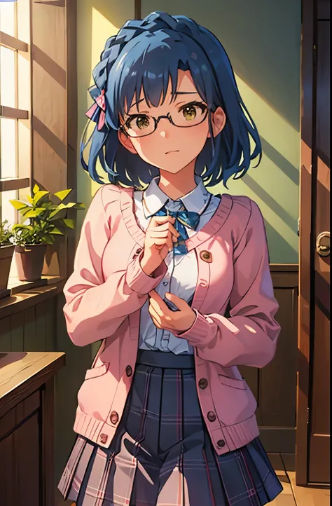 yuriko nanao (million live), 1 girl, Solo, Cute Girl, Best Quality, Ultra-detailed, 8K, High resolution, Detailed face, Bob Hair, (((scared:1.5, embarrassed, blush))), covering chest by hand, ((wearing glasses, blue sweater, Argyle sweater, short sleeves, ...