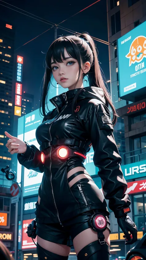 masterpiece,best quality,ultra detailed,anime style,Within a high-tech city,a cute girl commands electricity,sparks cascading along her fingertips. Her cyberpunk-inspired outfit,with circuit-like patterns,resonates with the neon-lit surroundings as she har...