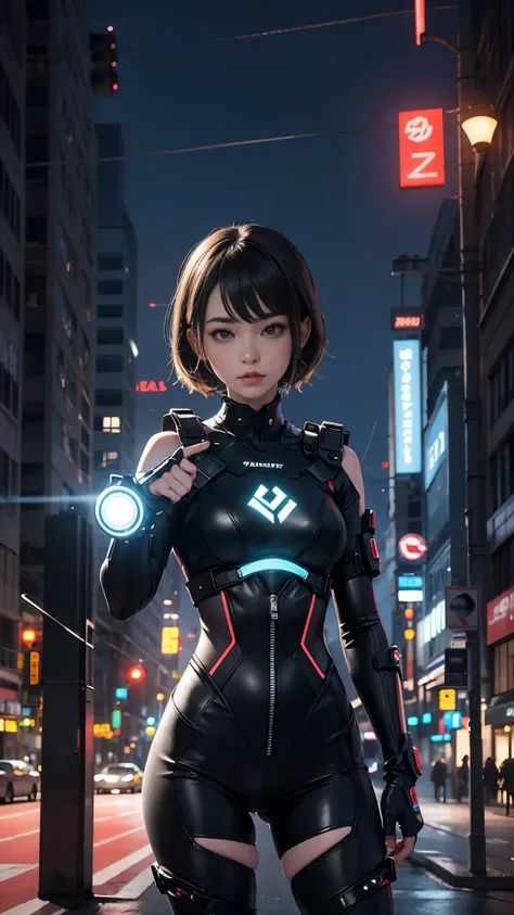 masterpiece,best quality,ultra detailed,anime style,Within a high-tech city,a cute girl commands electricity,sparks cascading along her fingertips. Her cyberpunk-inspired outfit,with circuit-like patterns,resonates with the neon-lit surroundings as she har...