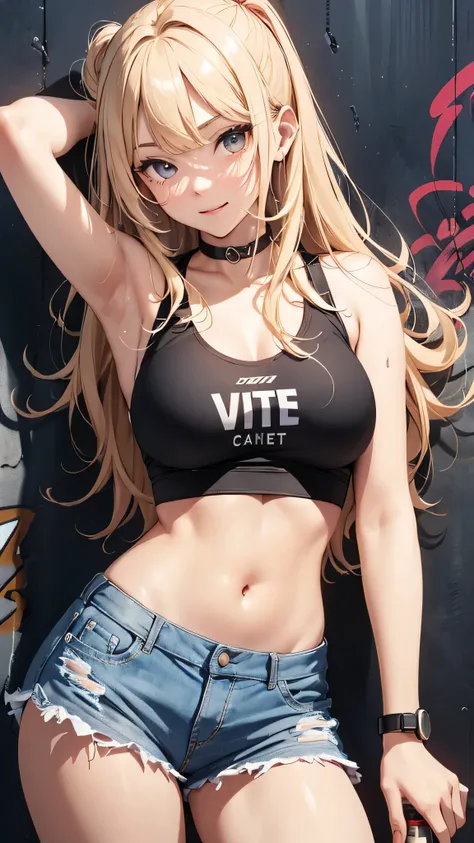 最high quality、best image quality、masterpiece、teenage girl((18-year-old、 By becoming、vest bust、medium bust,wide open breast tea、black eye, blonde hair、Habitual hair、long hair、thin,highest valley、navel black tank top、blue shorts、Holding a spray can、smug face...