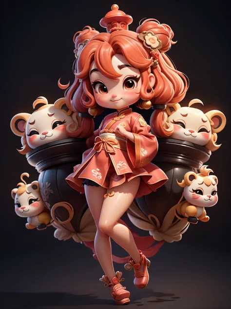 Cute new year theme，Create a series of adorable chibi style lion dancing girls，Chinese style, Each with tons of detail and 8K resolution. All dolls should follow the same background pattern and be fully visible in the image (whole body, including legs: 1.5...