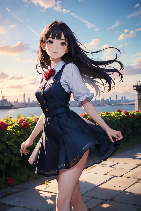 very cute and beautiful girl,(highly detailed beautiful face),(smile),cowboy shot,
navy blue frilled dress,walking,dynamic pose,(detailed legs,mini skirt:0.9),
black hair,(rose garden),navy harbor,warships in distance,
(best quality,masterpiece:1.2),absurd...