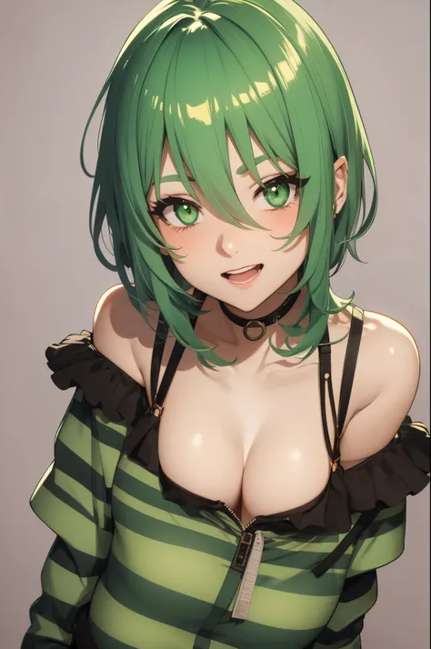 1girl, rating:safe, striped, green_eyes, solo, vertical_stripes, open_mouth, looking_at_viewer, striped_background, smile, green_hair, upper_body, collarbone, eyebrows_visible_through_hair, bare_shoulders, white_background, blush, :d, short_hair, hair_betw...