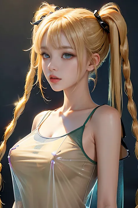 optimal，master piece，High resolution，best quality，hyper hd，super detail，award-winning，16K，solo，（Upper body），correct anatomy，Beautiful Cyberpunk Girl，cowboy shot、cute face，，blonde、long hair、twin tails、Braid, hair line，（（scarlet eyes）），long eyelashes，danglin...