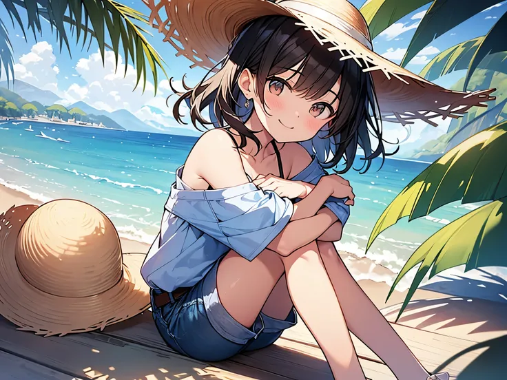 (highest quality)、(masterpiece)、(Super detailed)、beach background、shade of a tree、One beautiful girl、teen、cute、black hair、Medium Hair、straw hat、detailed eyes、brown eyes、(smile)、outside、Daytime、from behind、from above、shade of a tree、(hugging own legs)、halte...